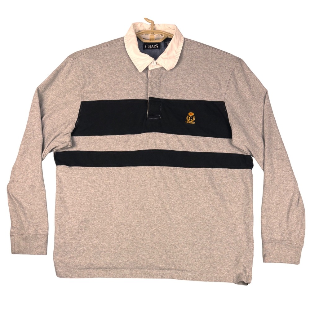 Chaps Mens XL Rugby Shirt Gray Navy Blue Striped Long Sleeve Crest Logo Polo‎